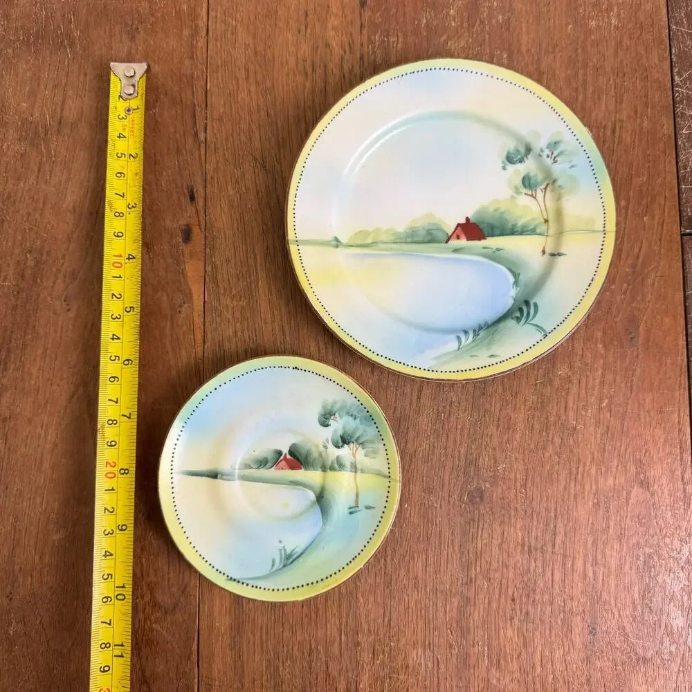 Nippon Vintage Hand painted Porcelain Country Scene Cookie and tea Saucer plates